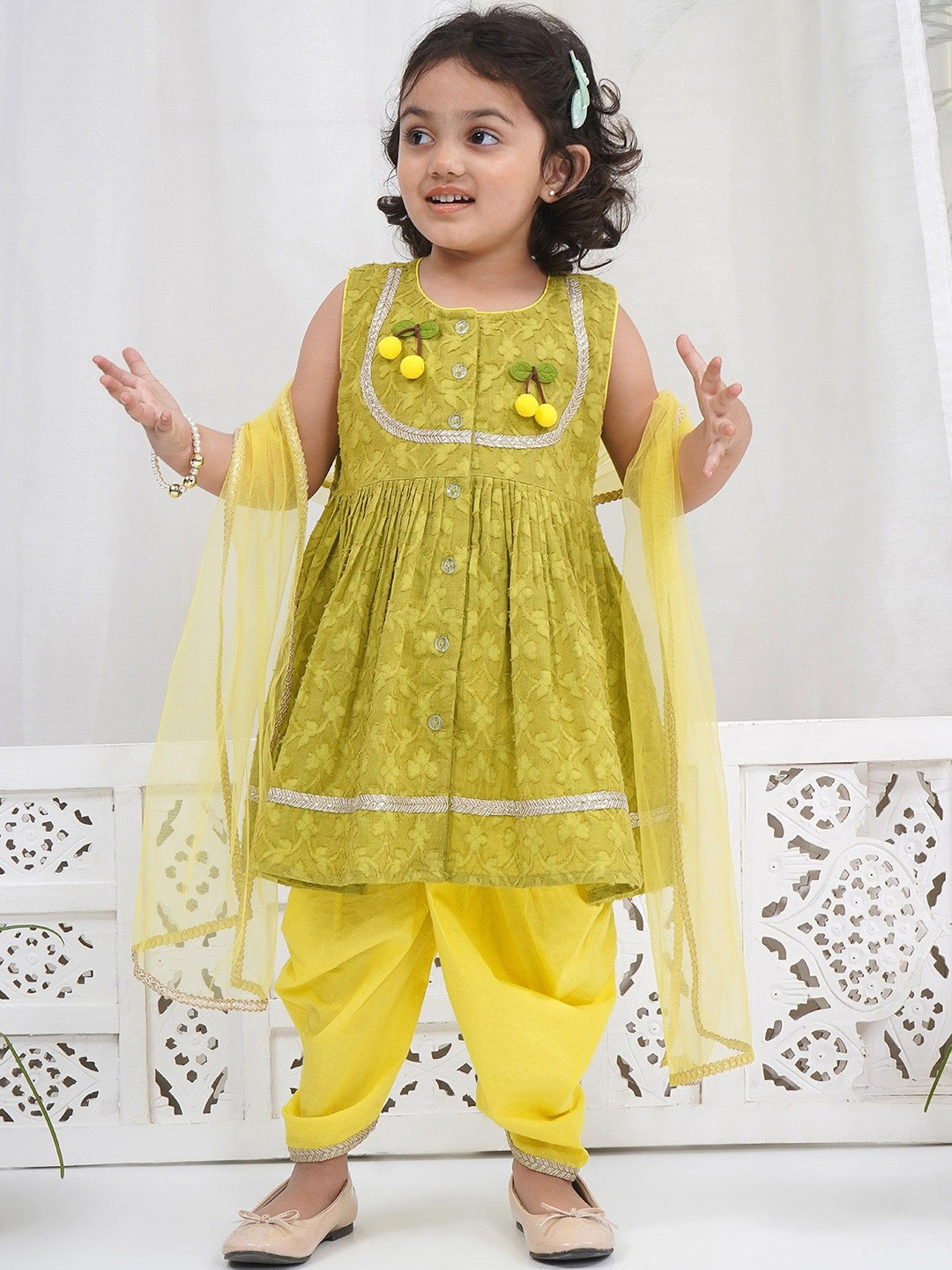 Little Bansi Girls Floral Printed Cotton Kurta with Dhoti Pant & Dupatta