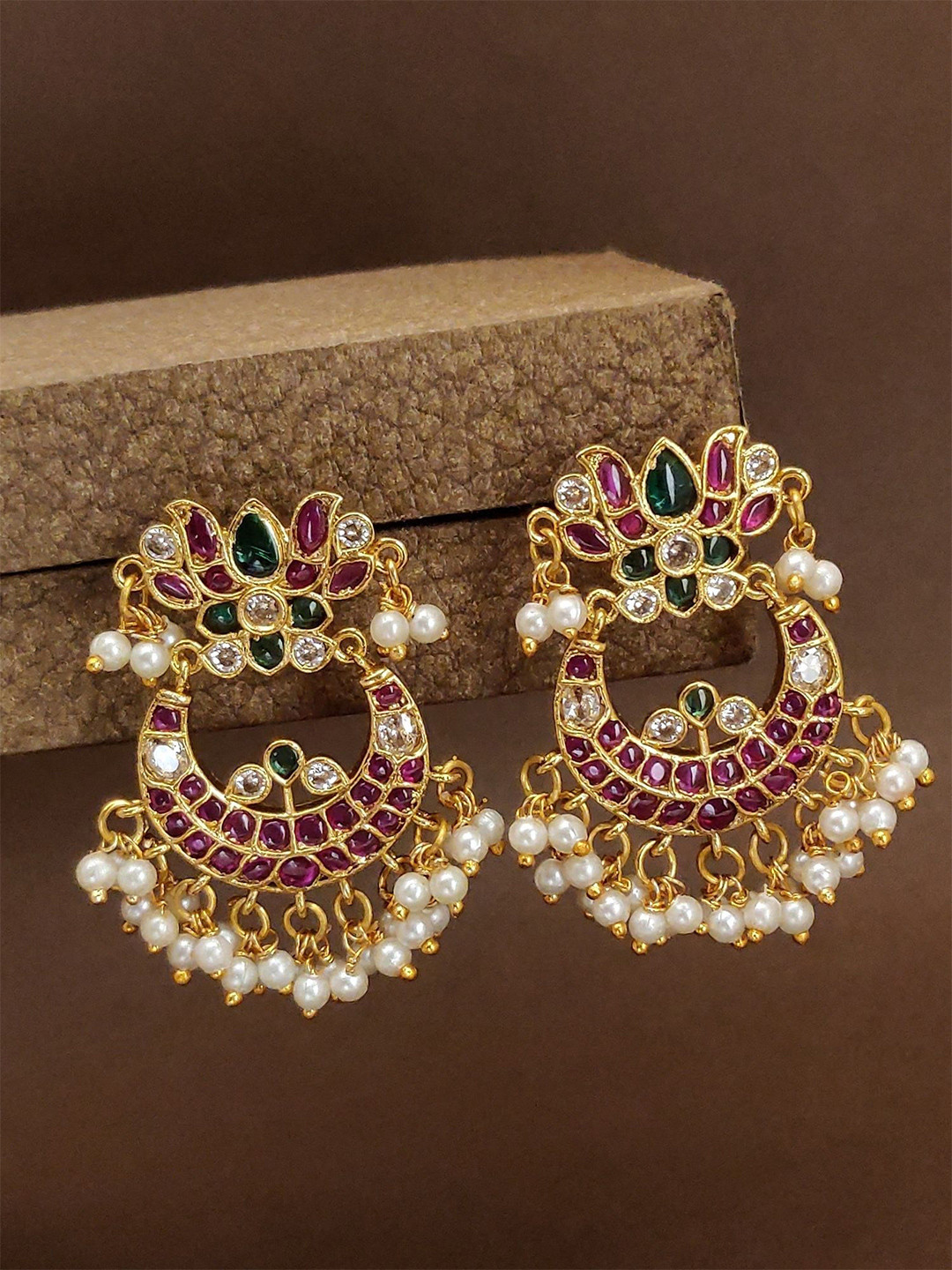 ABDESIGNS Gold-Plated Kempstone Studded Crescent Shaped Temple Drop Earrings