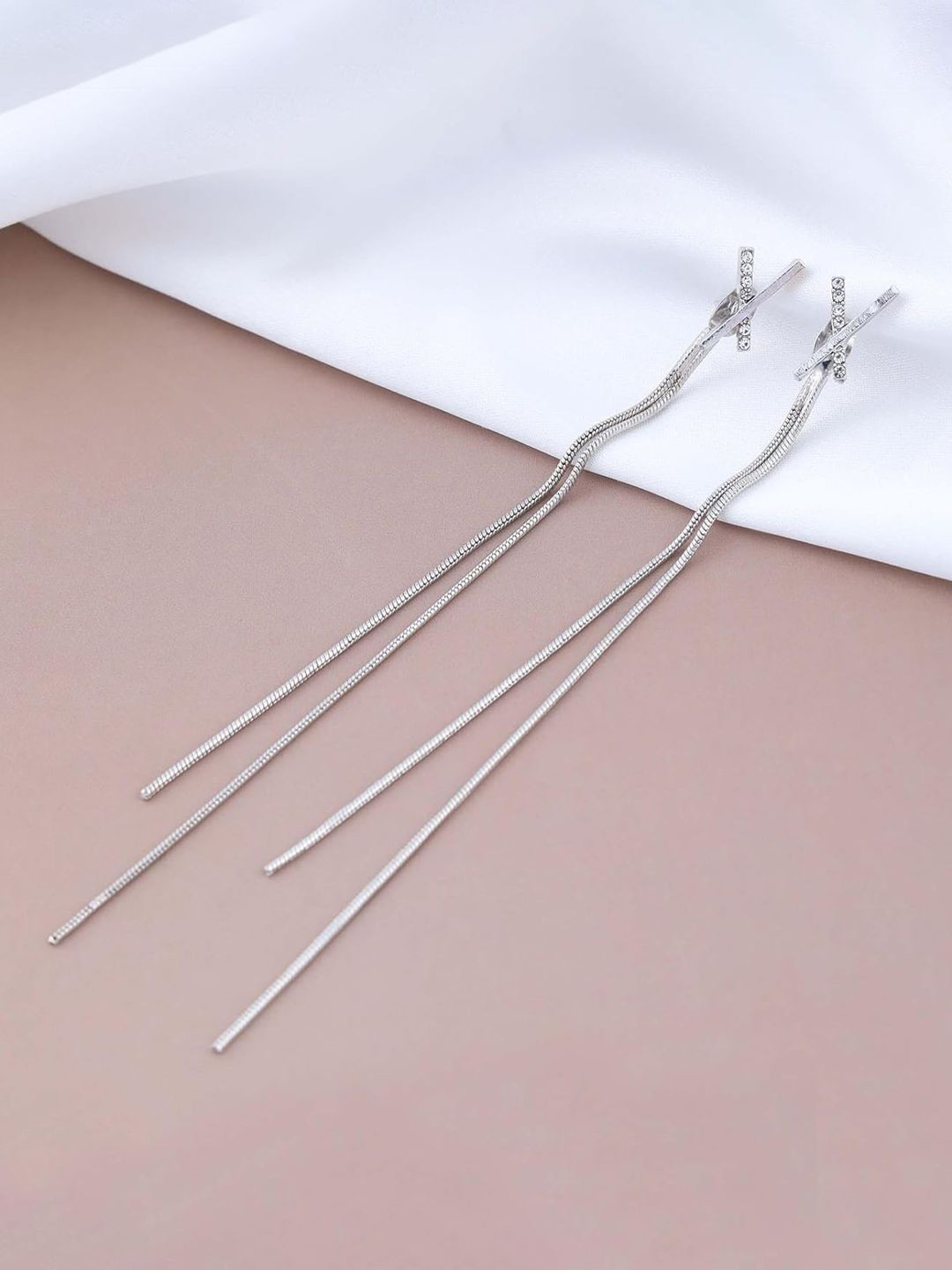 styledose Sterling Silver Rhinestones Studded Contemporary Drop Earrings