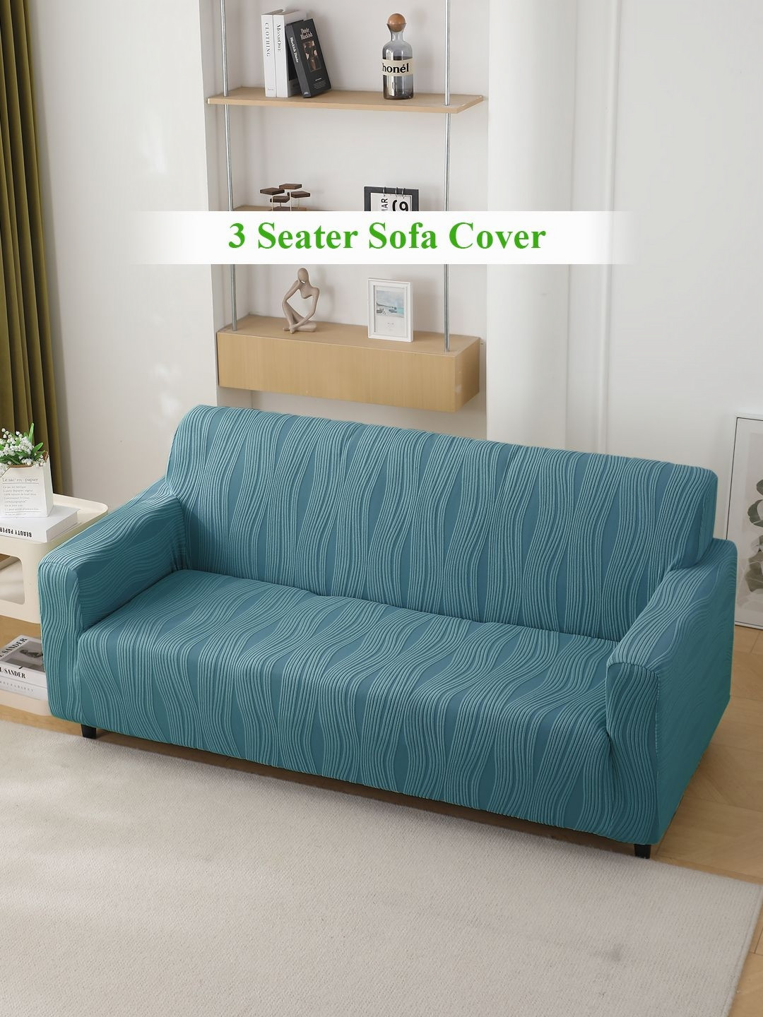 HOKIPO Sea Blue Knitting Jacquard 3 Seater Fully Covered Sofa Cover