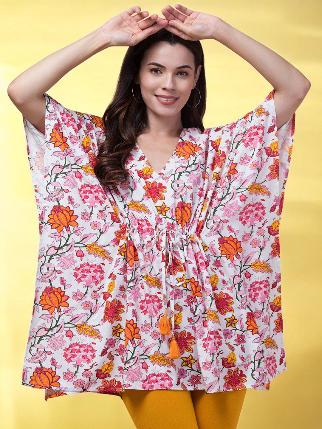 INUKA Women Floral Print Kaftan Kimono Sleeves Mini Top