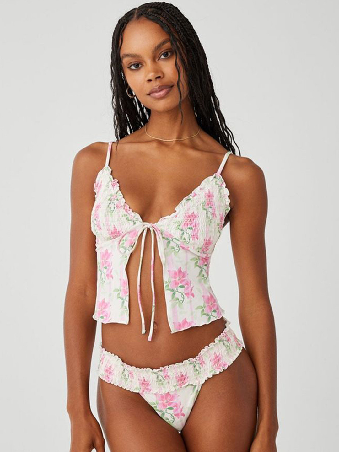 LULU & SKY Floral Printed Halter Neck Bra With Thong Briefs Swim Bikini Set