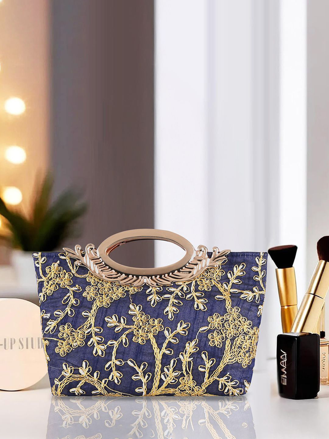 Kuber Industries Blue Polyester Floral Embroidered Hand Purse Clutch