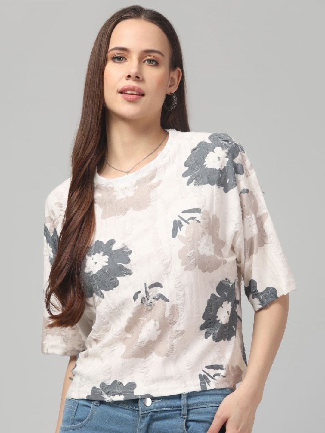 clobug Women Floral Printed Round Neck Cotton T-shirt