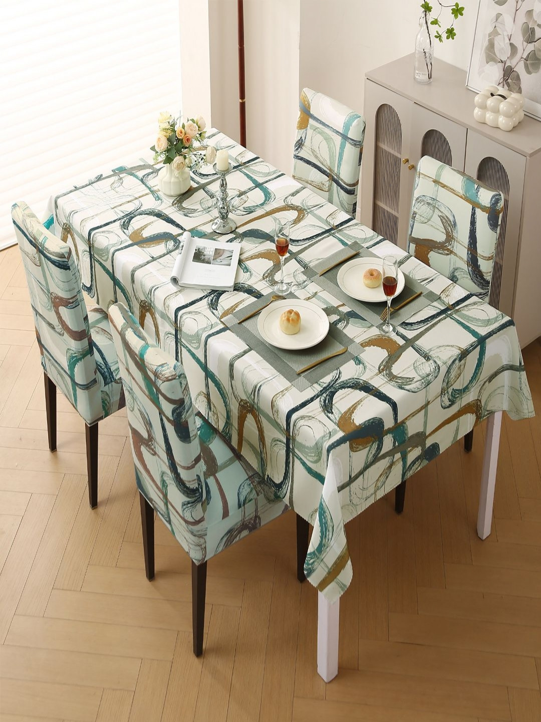 HOKIPO 5Pcs Beige & Blue Abstract Printed Chair Covers With Table Cloth