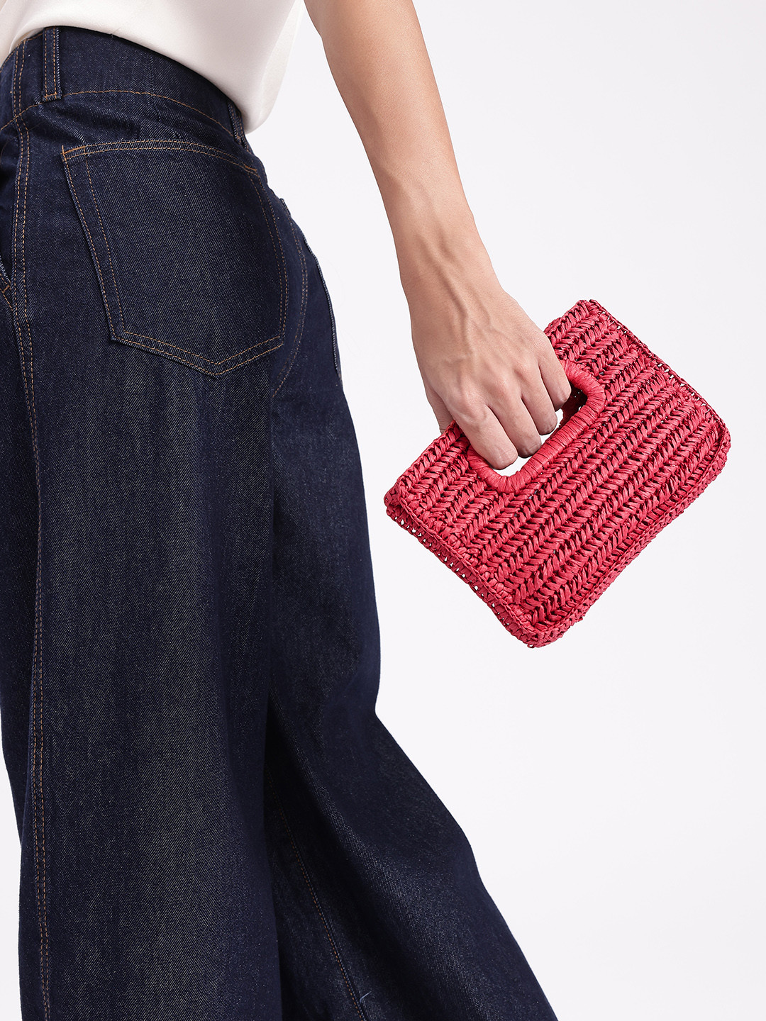 MANGO Structured Basket Weave Handheld Bag with Non-Detachable Sling Strap