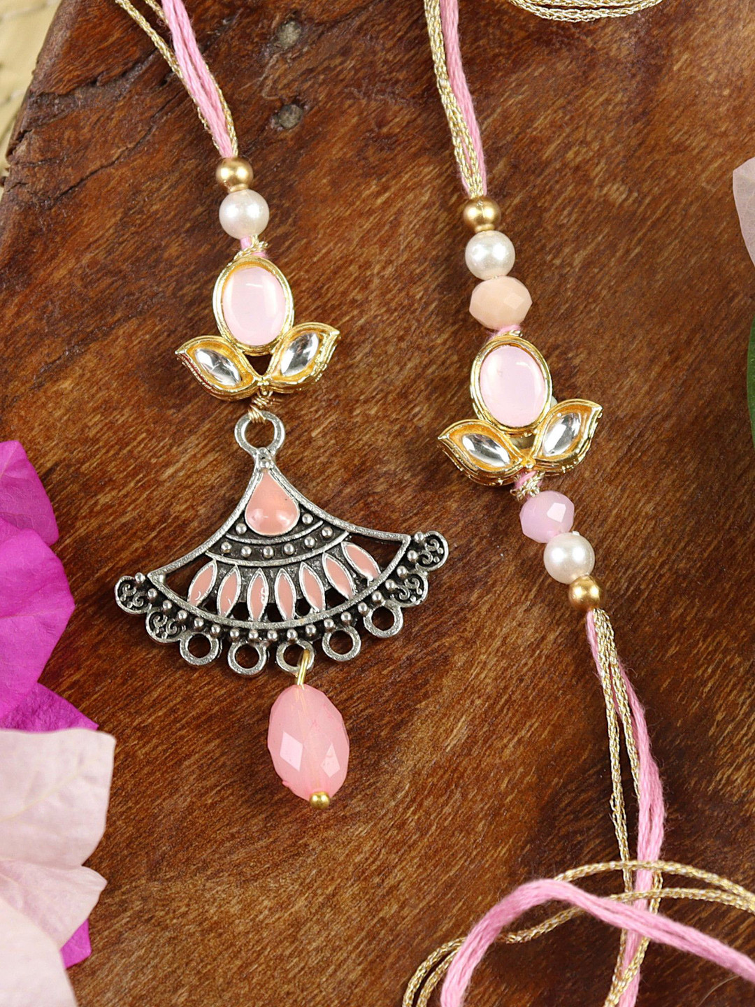 Asthetika Kundan Oxidized Pendant Bhaiya Bhabhi Rakhi Pair with Roli Chawal