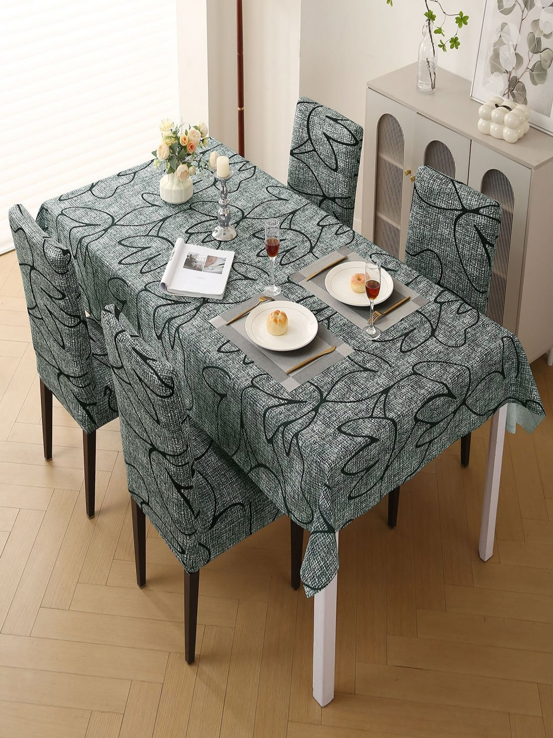 HOKIPO Set Of 5 Grey & Black Printed Dining Chair Cover With Matching Tablecloth