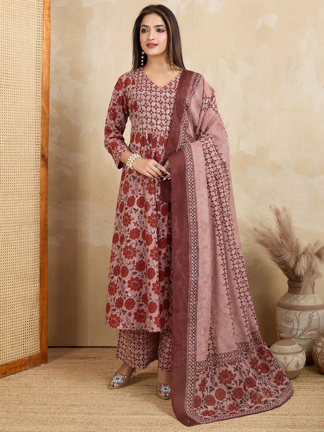 BEYOND ETHNIC Floral Printed V-Neck Cotton A-Line Kurta