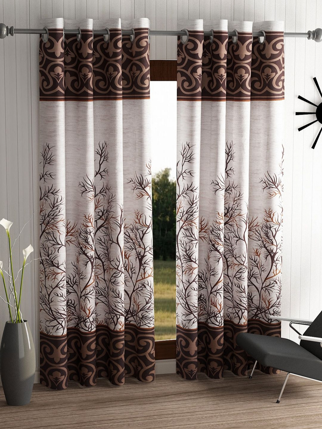 Aura Garden Panel Brown & White 2 Pieces Floral Printed Door Curtains