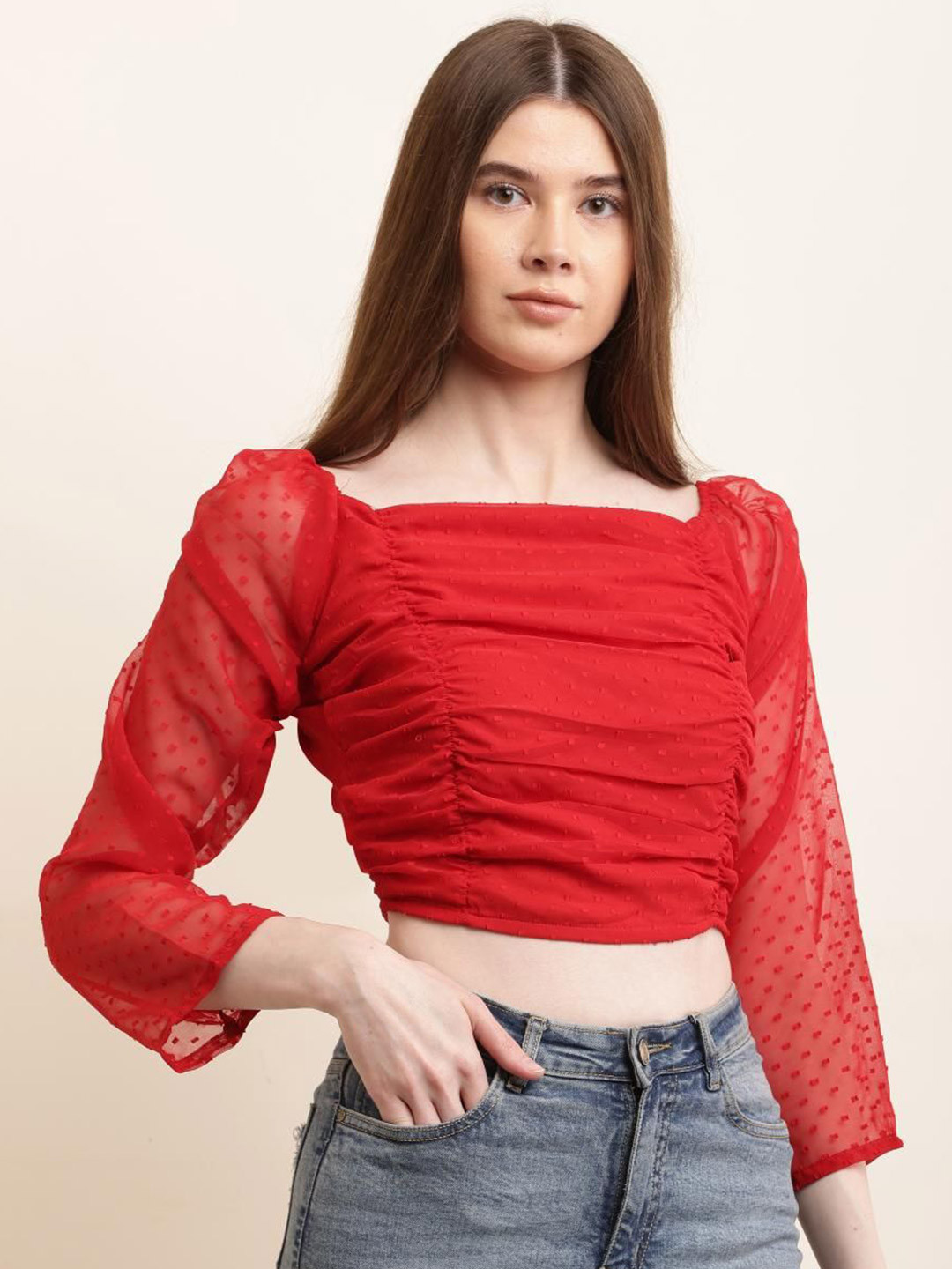 Jyoti Women Self Design Ruched Crop Top