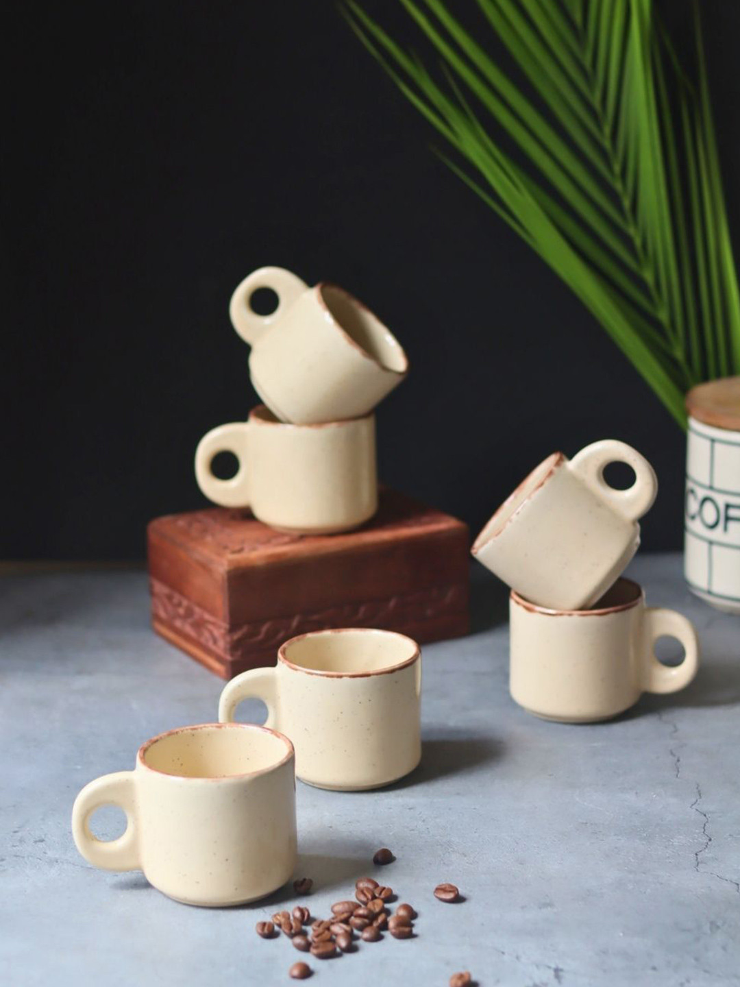 WEAVING HOMES Cream-Coloured Crafted Ceramics Textured Ceramic Glossy Cups Set of Cups and Mugs