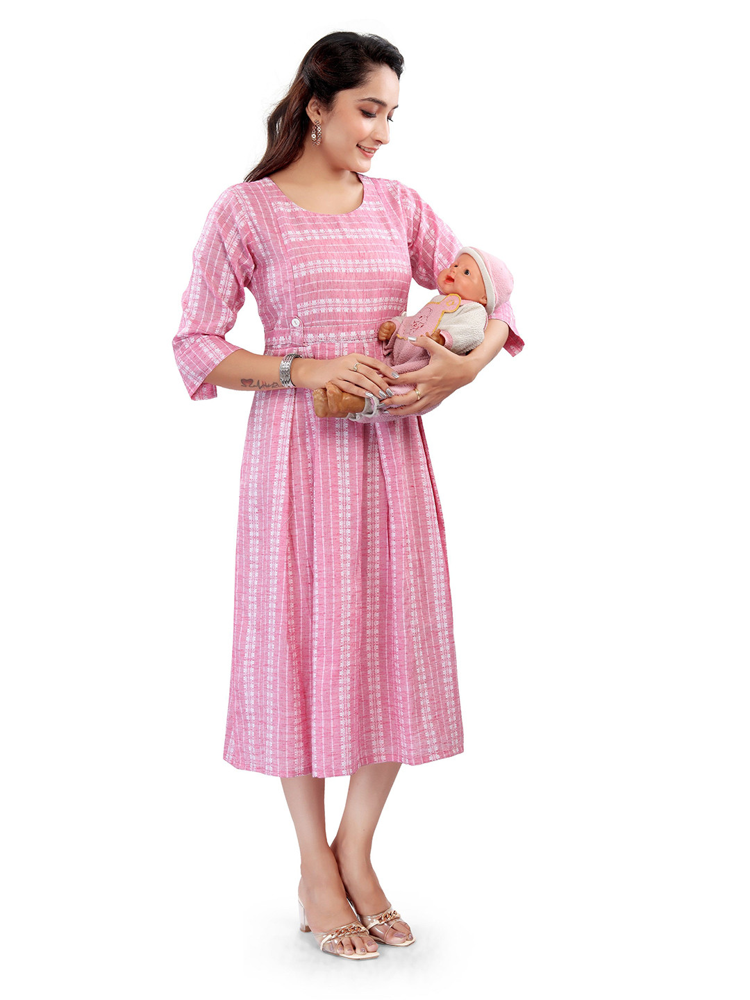 B2F Manufacturing & Designing Women Striped Maternity Cotton Fit & Flare Midi Dress