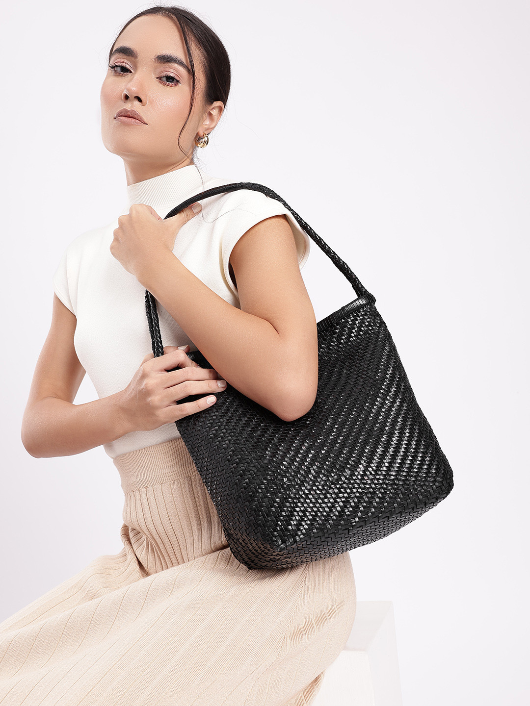 MANGO Basket Weave Leather Shoulder Bag
