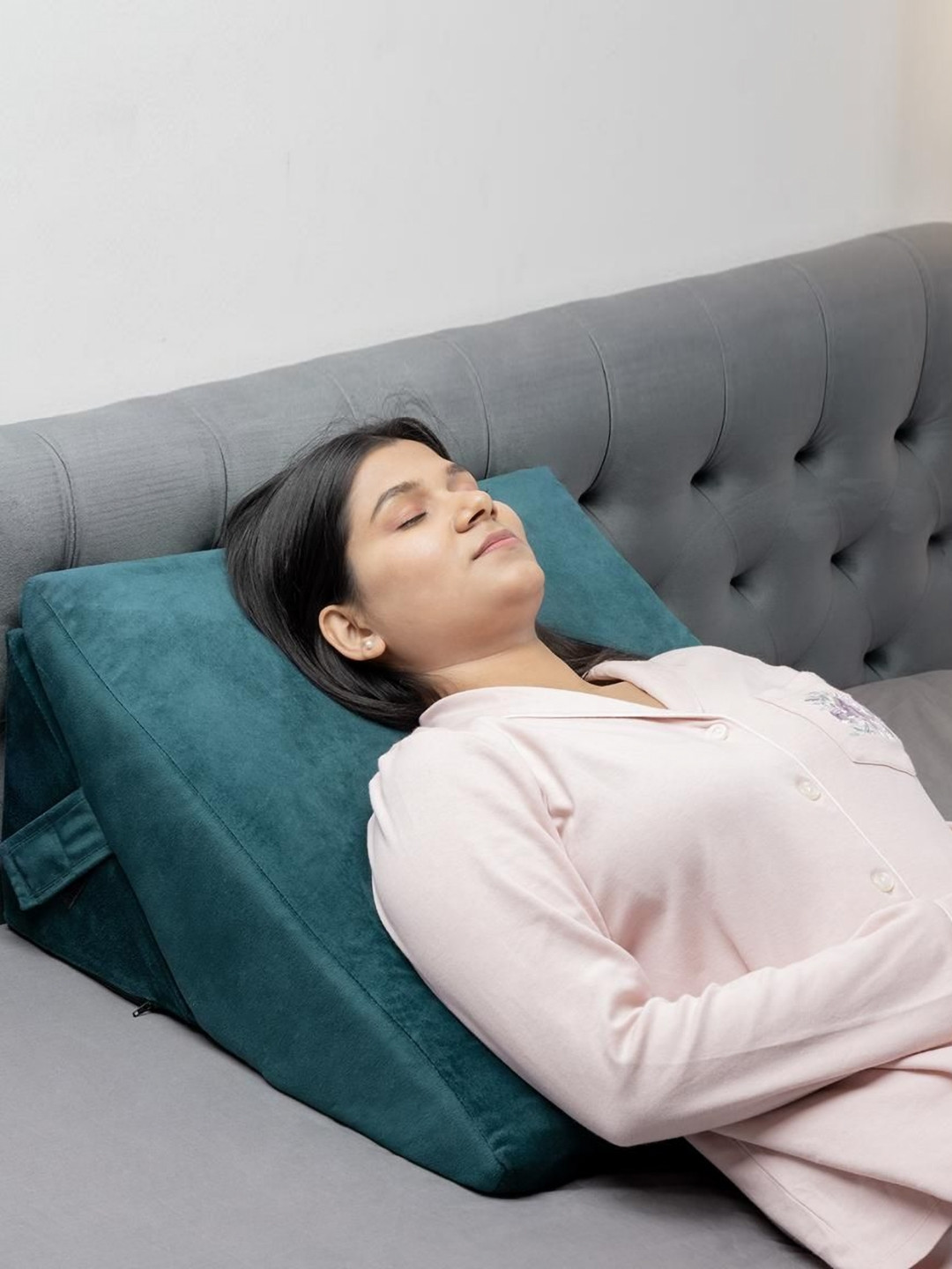 wakefit Green Memory Foam Filled Faux Velvet Sleep Pillow