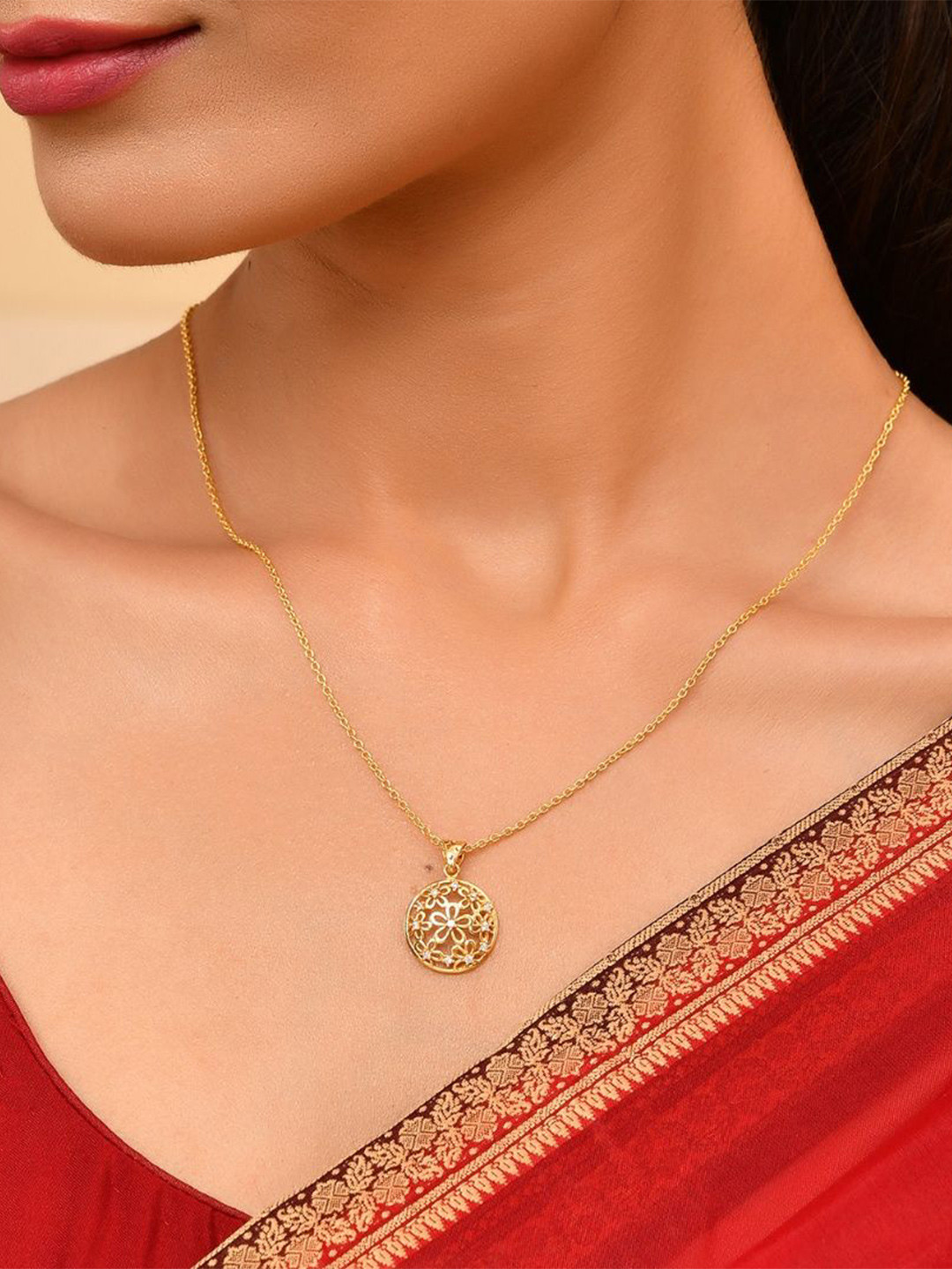 ROOVI Sterling Silver 22KT Gold-Plated American Diamond Studded Flower Pendant With Chain