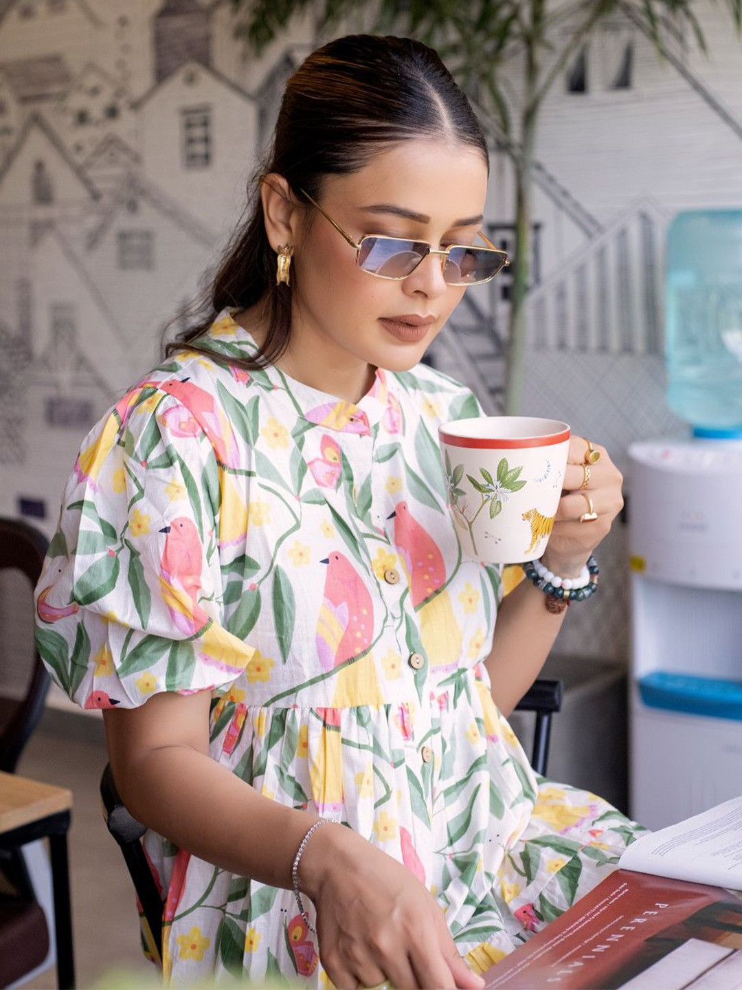 Kook N Keech Print Puff Sleeve Shirt Dress