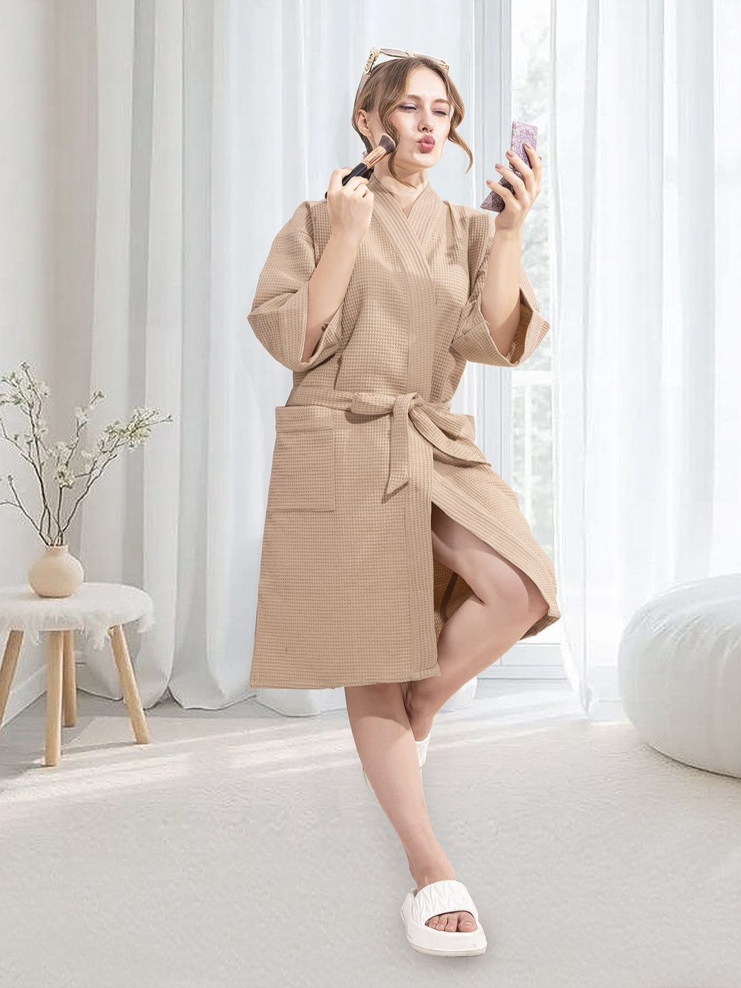 HotGown Beige Textured Pure Cotton Waffle Bathrobe