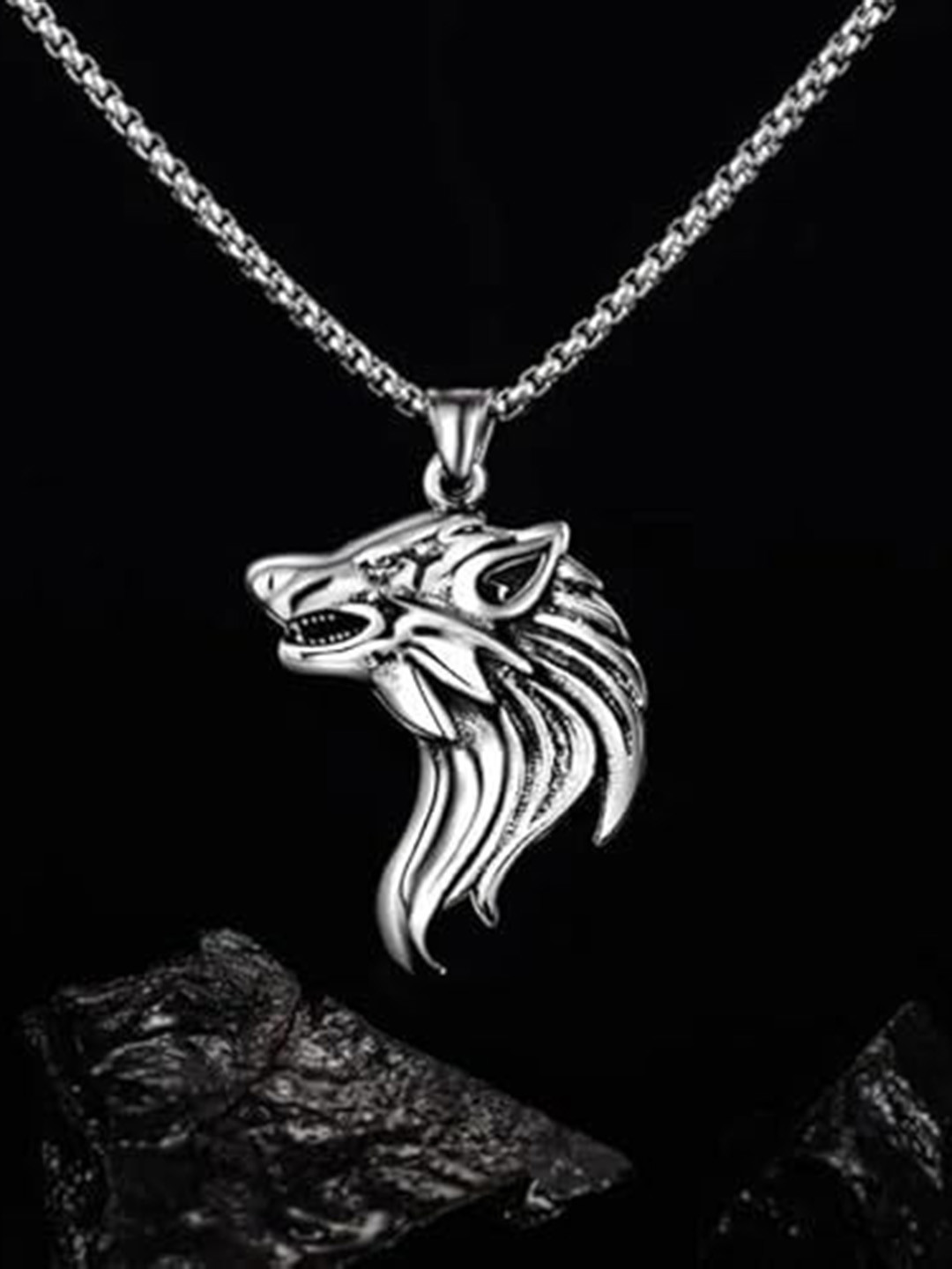 AGARWALPRODUCT Stainless Steel Silver-Plated Wolf Contemporary Pendant With Chain