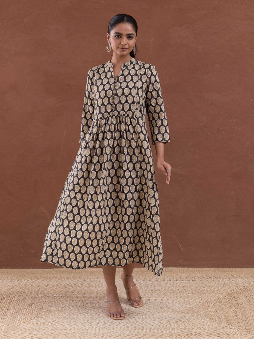 MAAND Women Cotton Katha Butti Print Fit & Flare Midi Dress