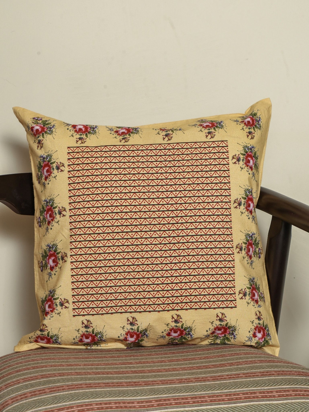 Sangria  Vintage Garden Beige & Red Floral Printed Cotton Square Cushion Cover