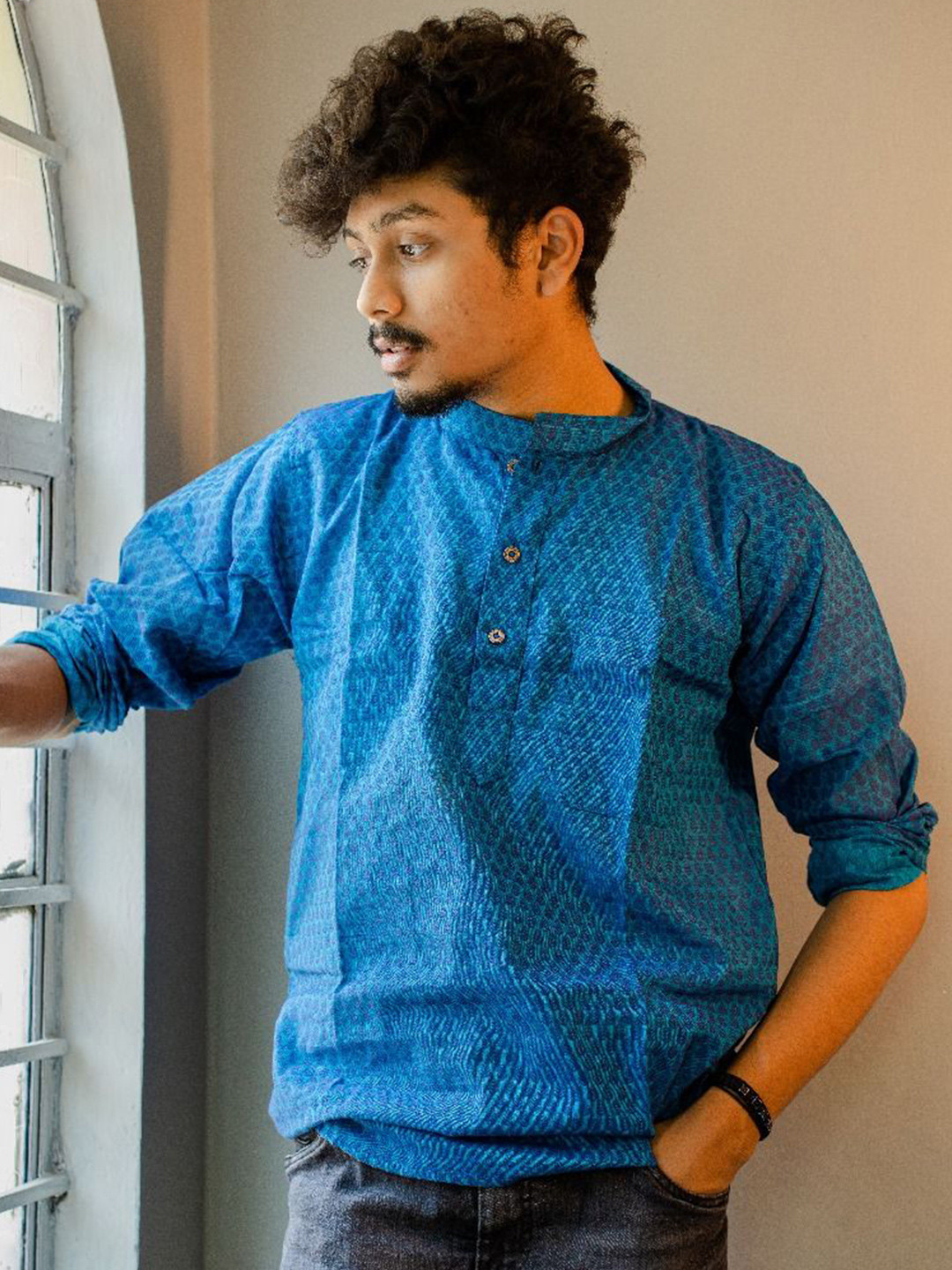 Tant Ghar Floral Printed Mandarin Collar Khadi Cotton Straight Kurta