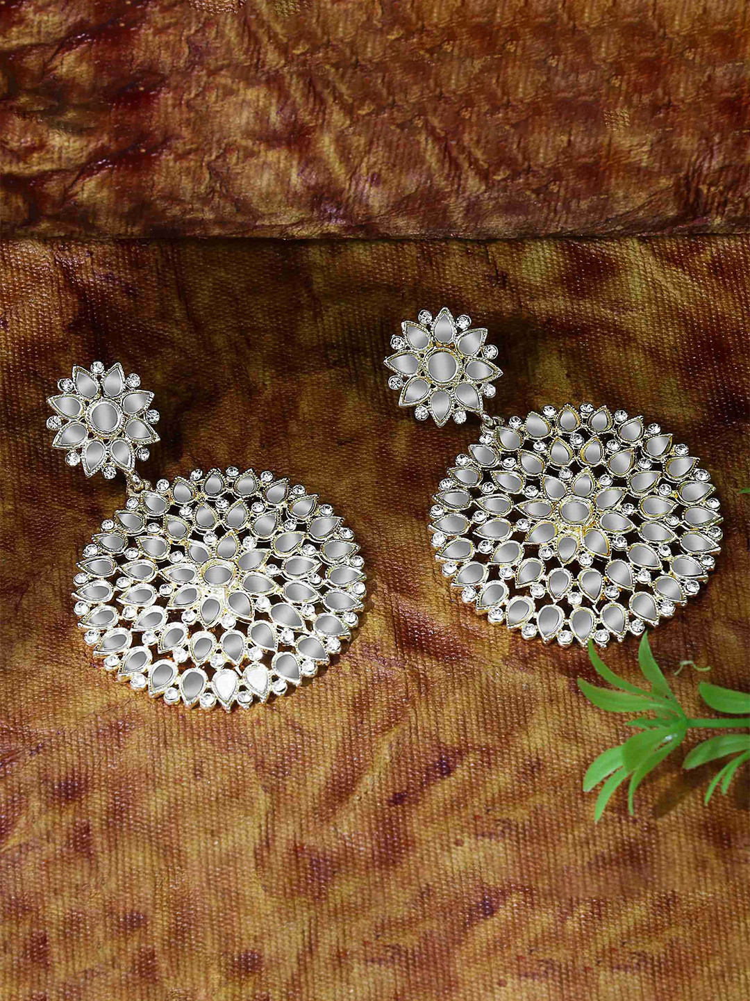 TANAIRA Gold Plated Stones Studded Mirror Work Circular Shaped Mirror Drop Earrings