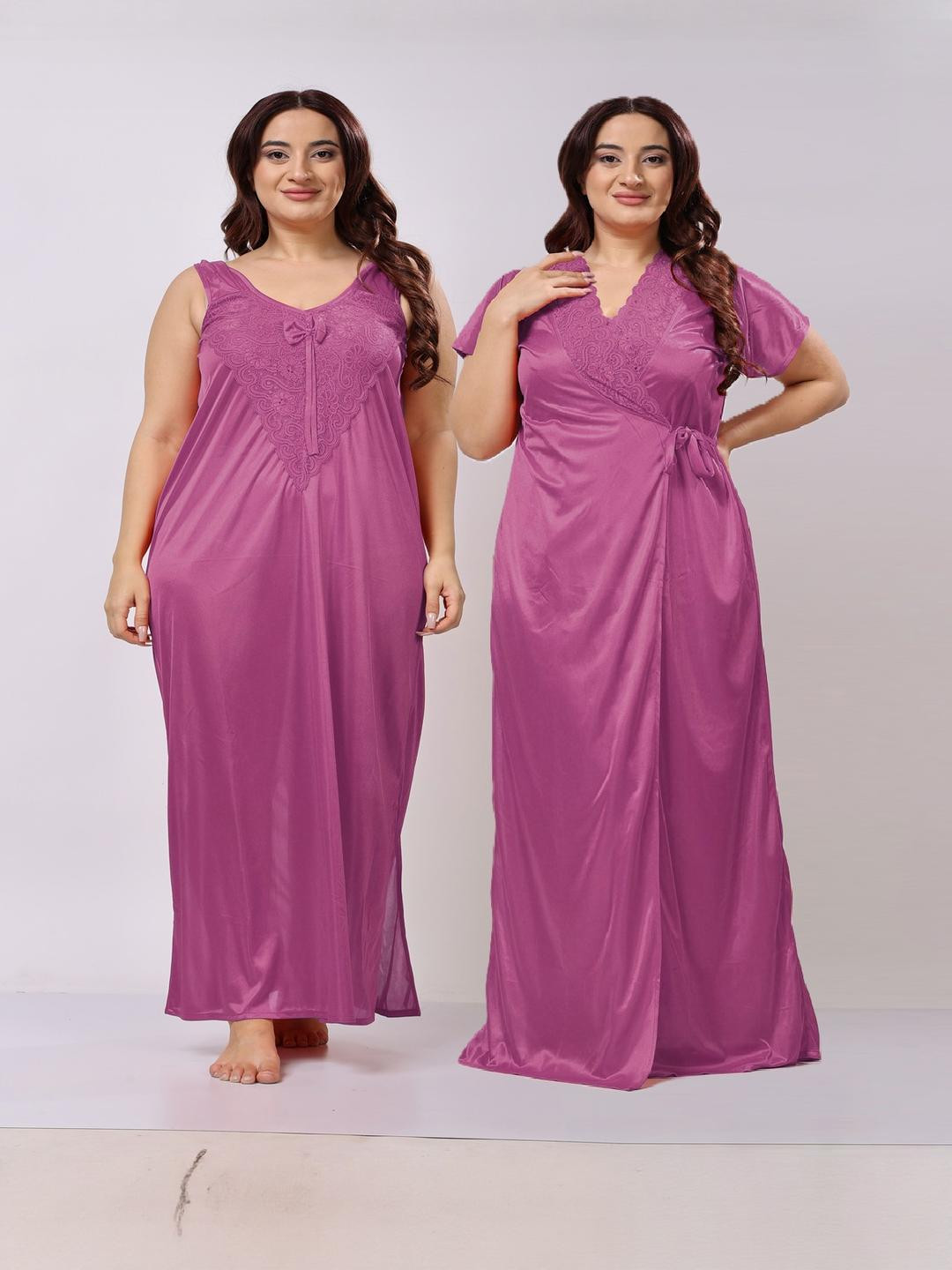 NIGHT KEYS Women Floral Embroidered Satin Nighty With Robe
