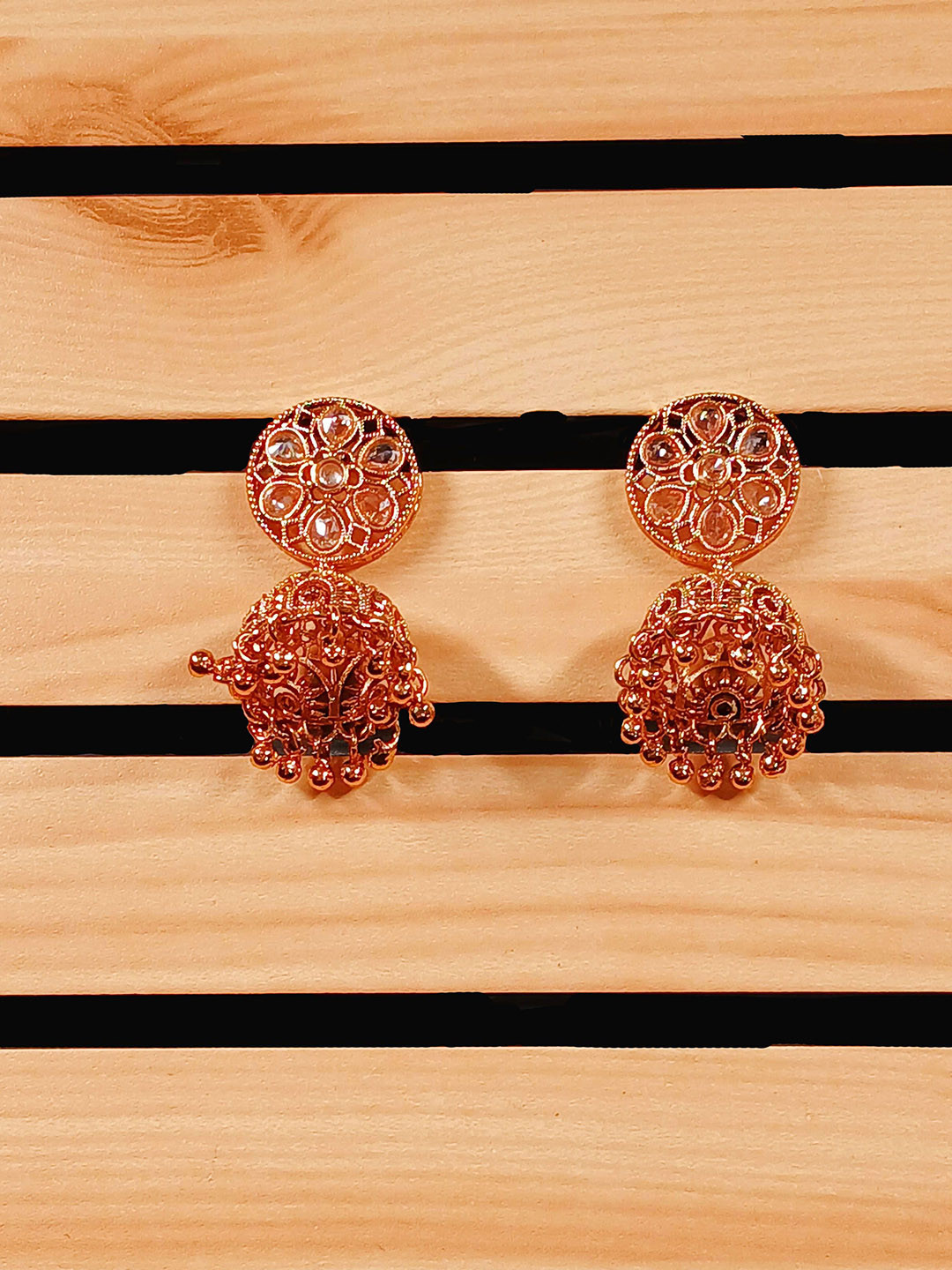 GOLD CASH 22K Gold-Plated Artificial Stones Studded Dome Shaped Jhumkas