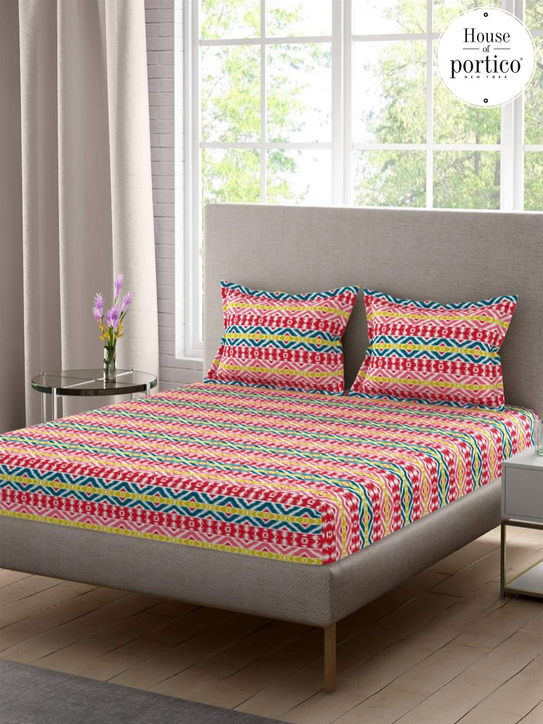 Bichauna Red & Yellow 120 TC Queen Bedsheet with 2 Pillow Covers