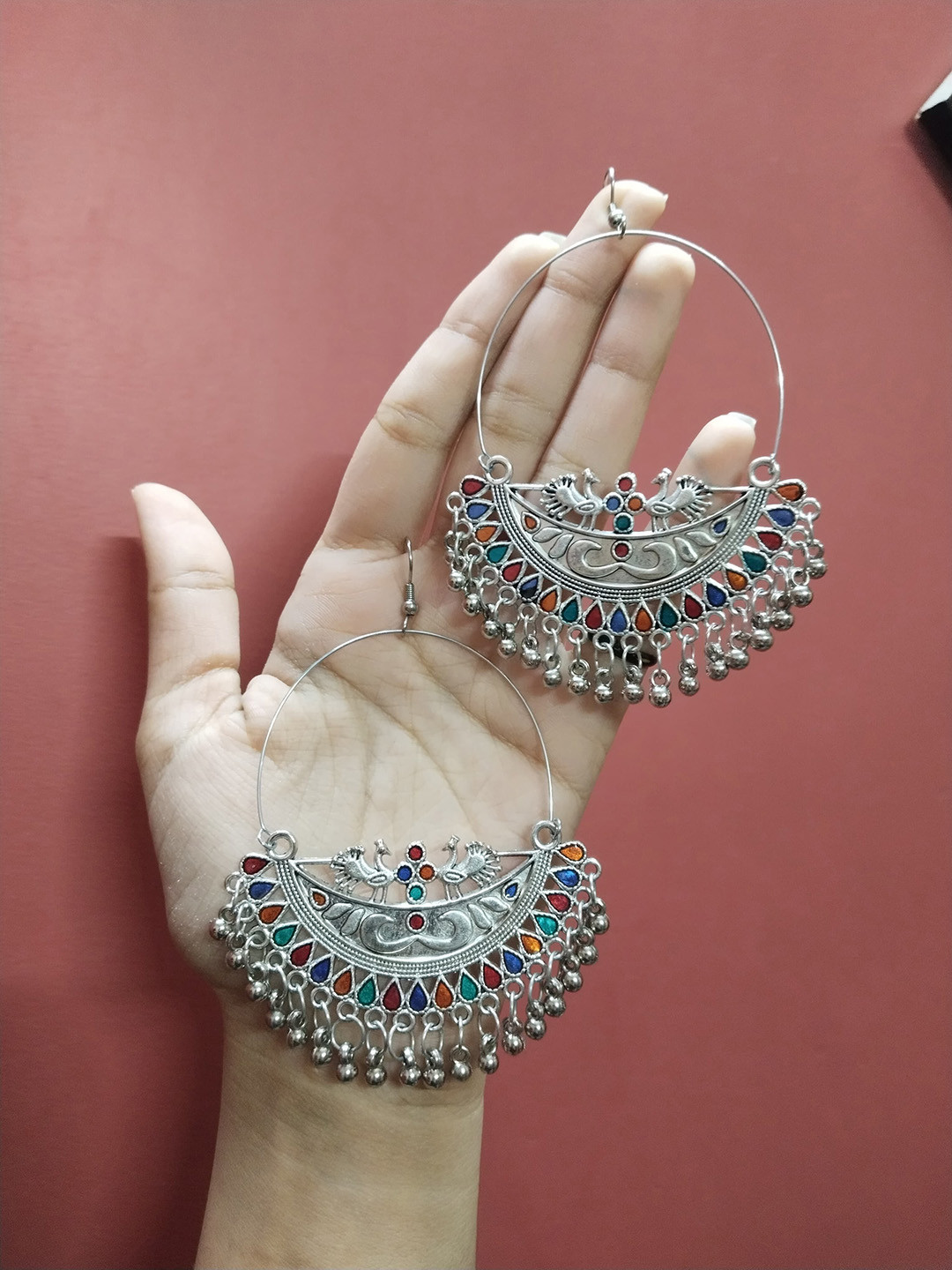 ZURIKRISHA German Silver Silver Plated Ghungroo Beaded Oxidised Contemporary Chandbalis