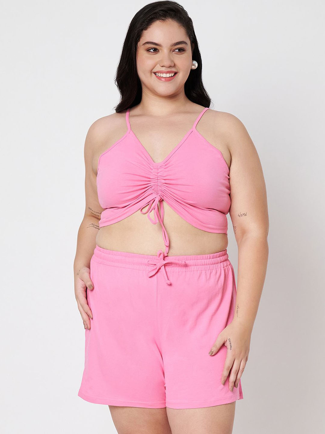 BRINNS Shoulder Straps Neck Plus Size Bralette Top With Shorts Co-Ords