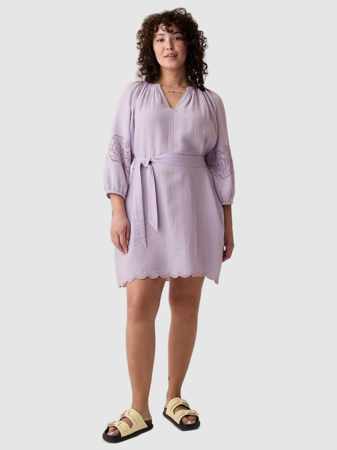 GAP Women Peasant Sleeve Cut Work Detail Dress With Waist Belt