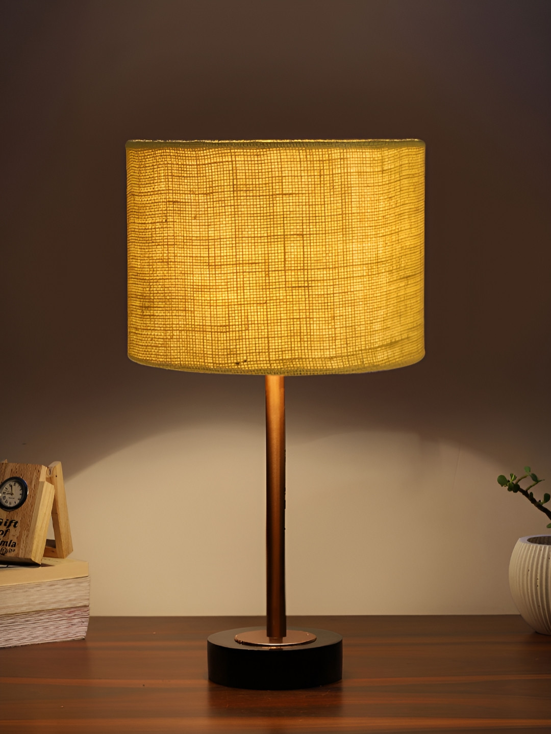 Aura Yellow & Copper Toned Metal Contemporary Cylindrical Shaped Table Lamp
