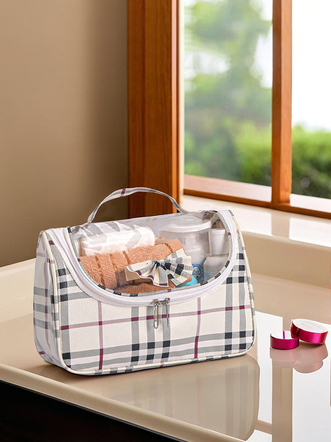 Kuber Industries Cream PVC Waterproof Toiletry Kit Organizer for Women with Handle