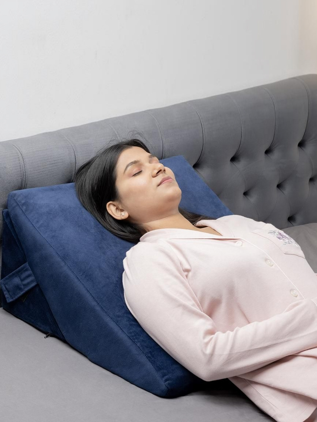 wakefit Blue Memory Foam Filled Faux Velvet Sleep Pillow