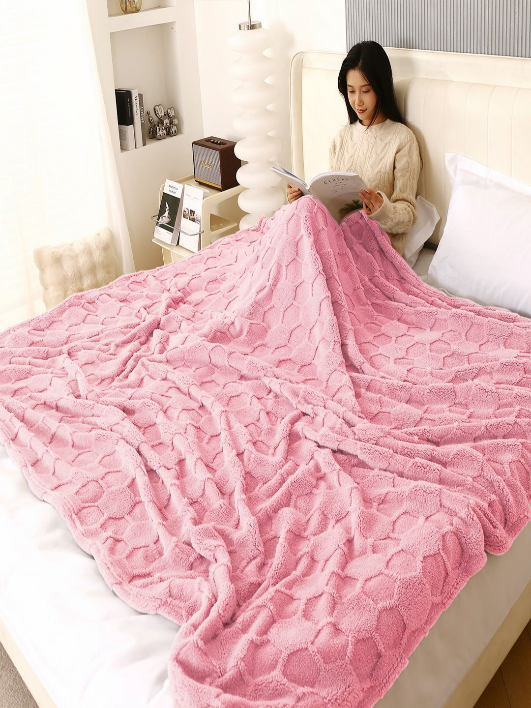 HOKIPO Pink Solid Fleece AC Room 210 GSM Double Bed Blanket