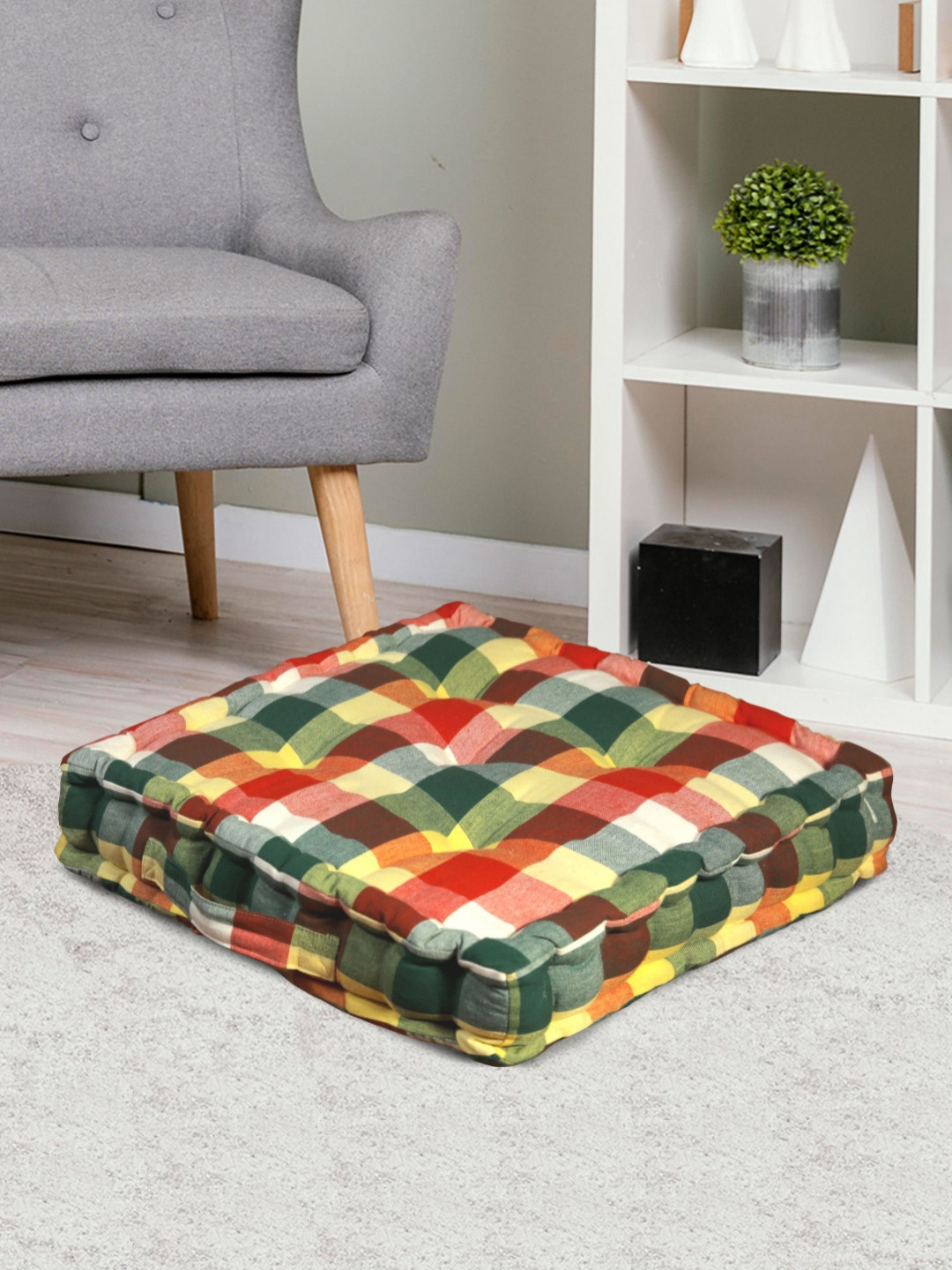 HOME COLORS.IN Yellow & Green Checked Pure CottonCushions