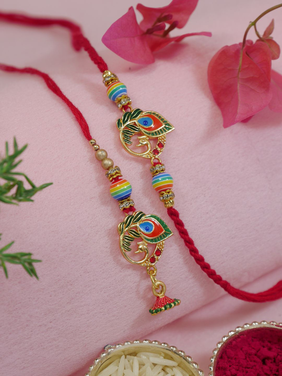 I Jewels Designer Set O f 2 Exclusive Peacock Feather Hanging Bhaiya Bhabhi Lumba Rakhi