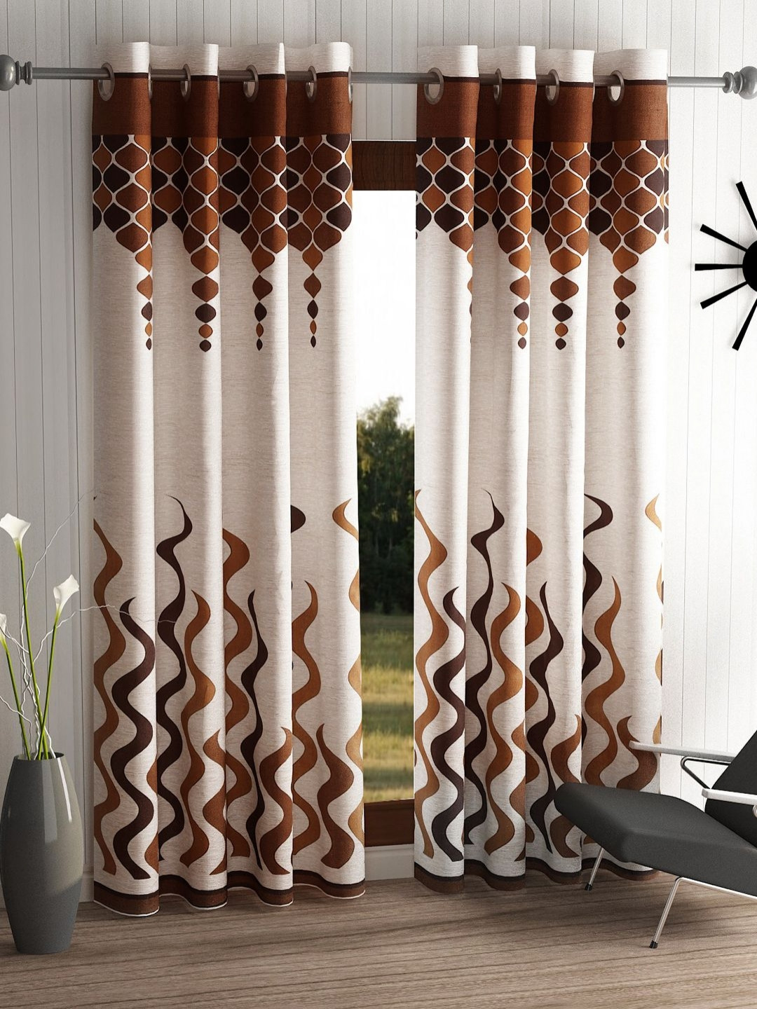 Aura Wave Panel Brown & Cream Colored 2 Pieces Printed Long Door Curtains