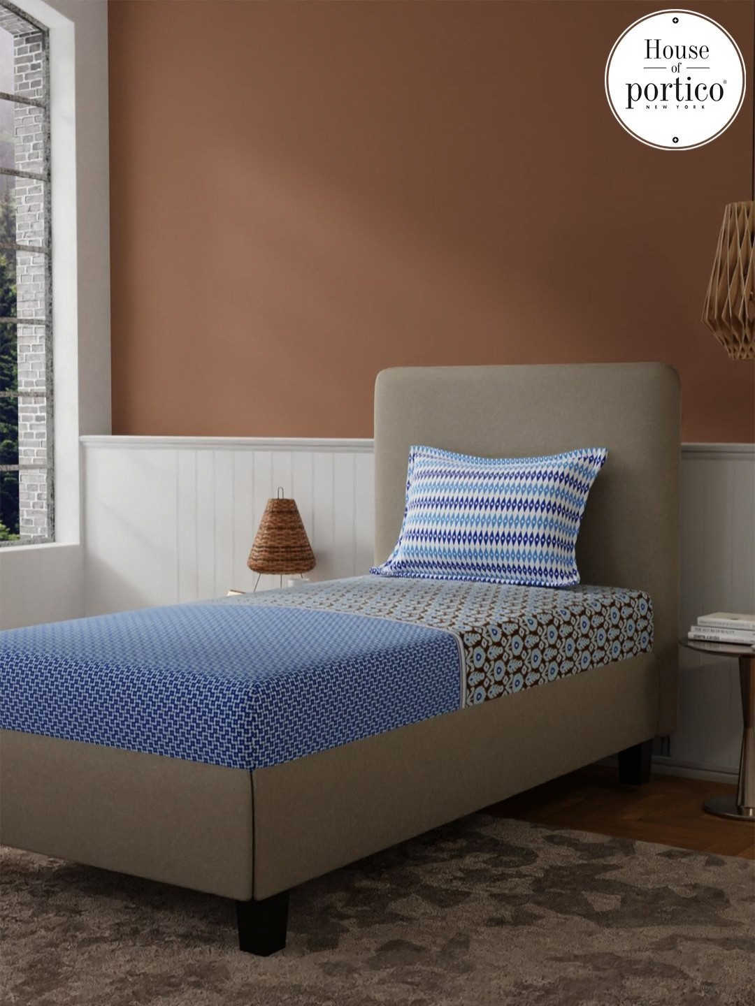 Bichauna Blue & Brown Printed 120 TC Single Bedsheet Set 1.50 m x 2.24 m