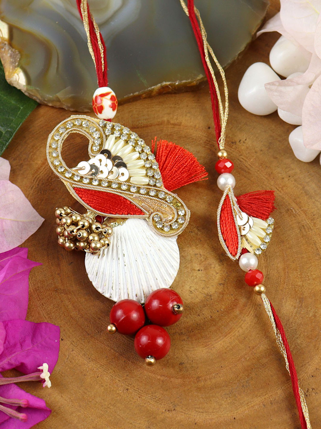 Asthetika Embroidered Butti Bhaiya Bhabhi Rakhi Pair with Roli Chawal