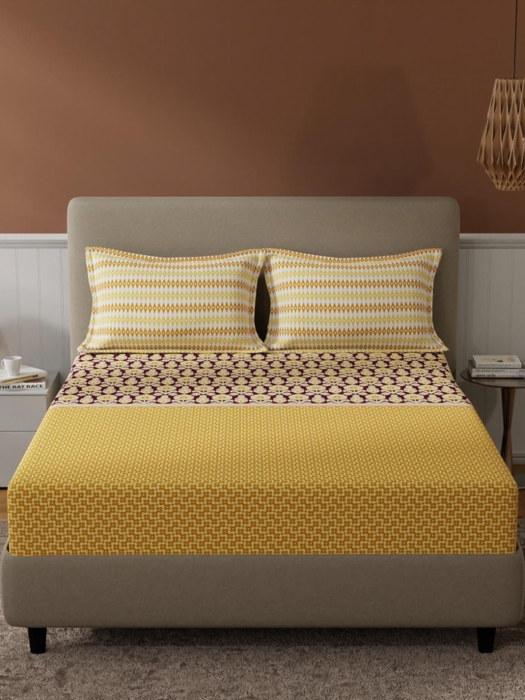 Bichauna Yellow & Brown Floral 120 TC Queen Bedsheet with 2 Pillow Covers