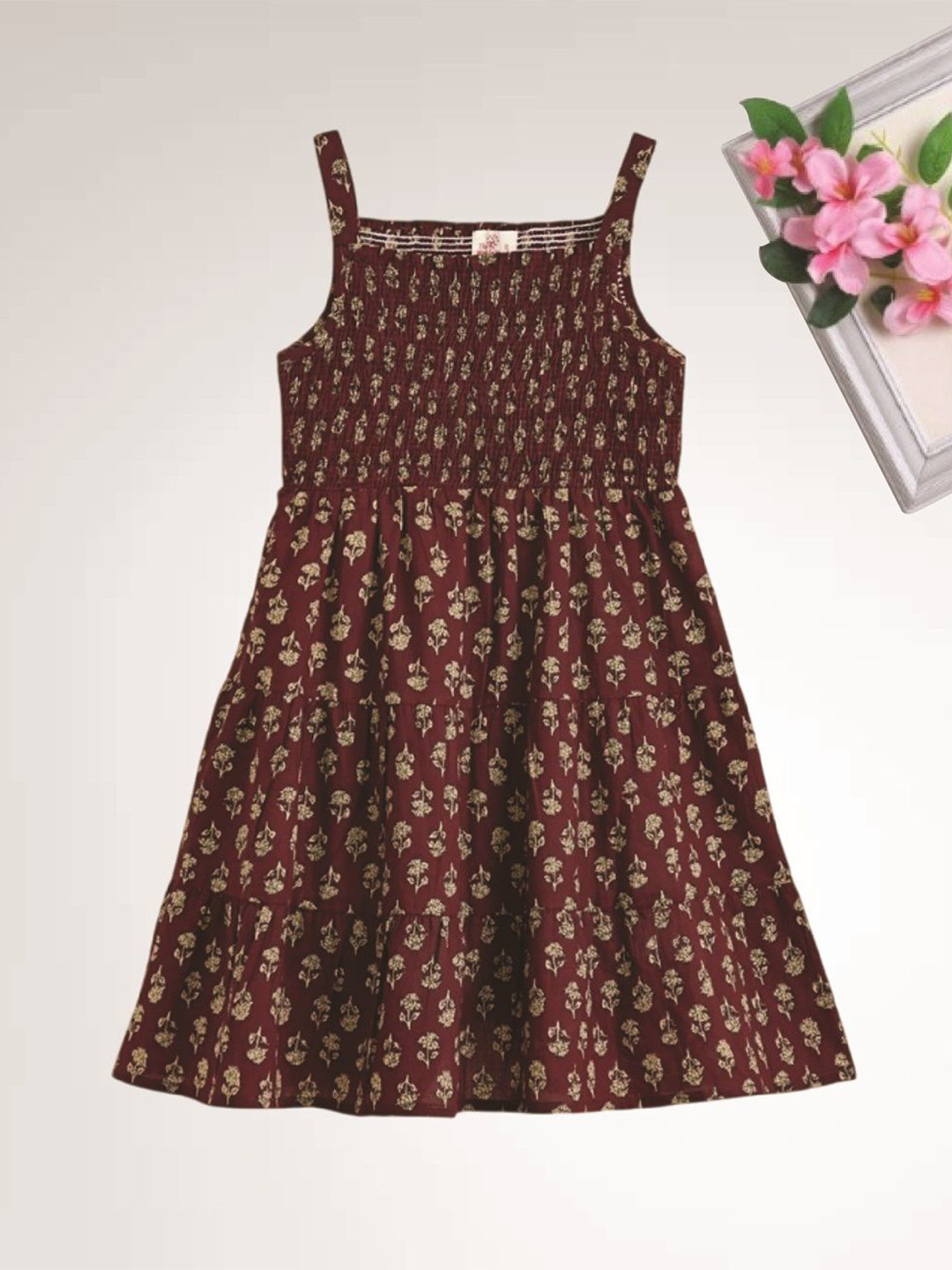 The Magic Wand Girls Floral Print Smocked Shoulder Straps Fit & Flare Dress