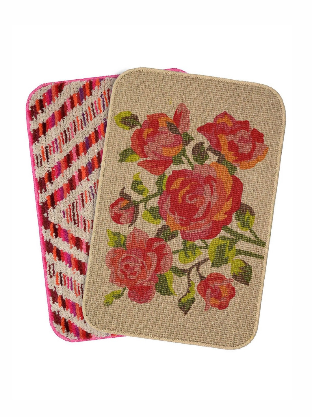 Saral Home 2Pcs Beige & Red Printed Anti-Skid Quick-Drying Doormats