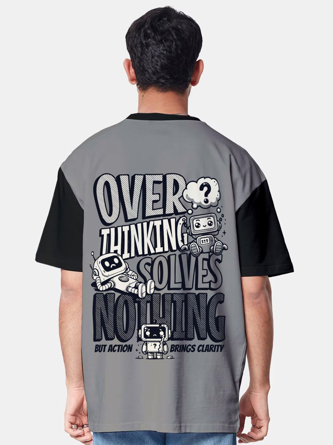 Crazymonk Oversized Overthinking Typography Printed Cotton T-shirt