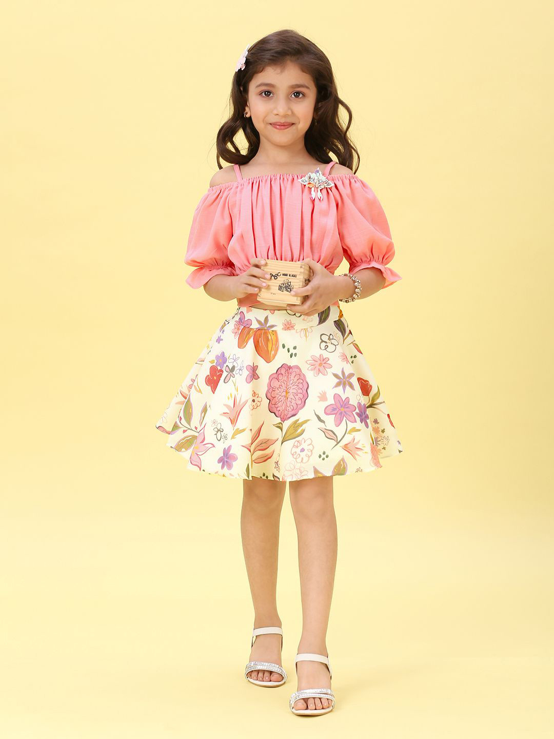 Macwin Girls Off-Shoulder Linen Top With Skirt