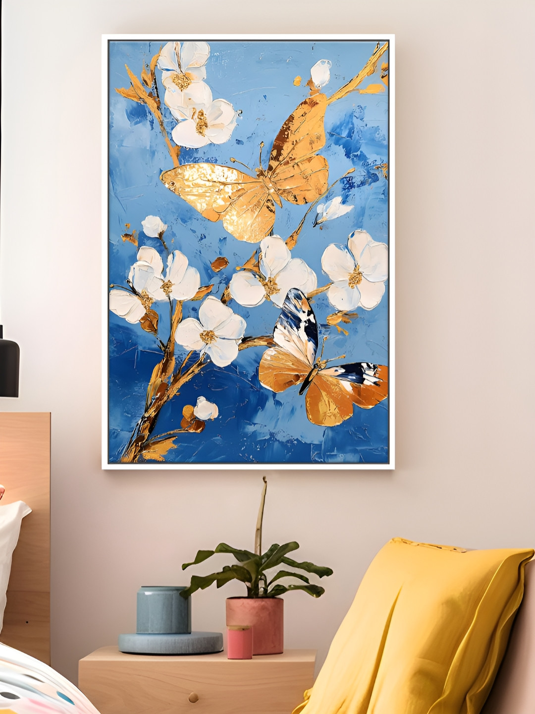 Portrait Abstract Framed Flower and Flying Butterfly Canvas Wall Art