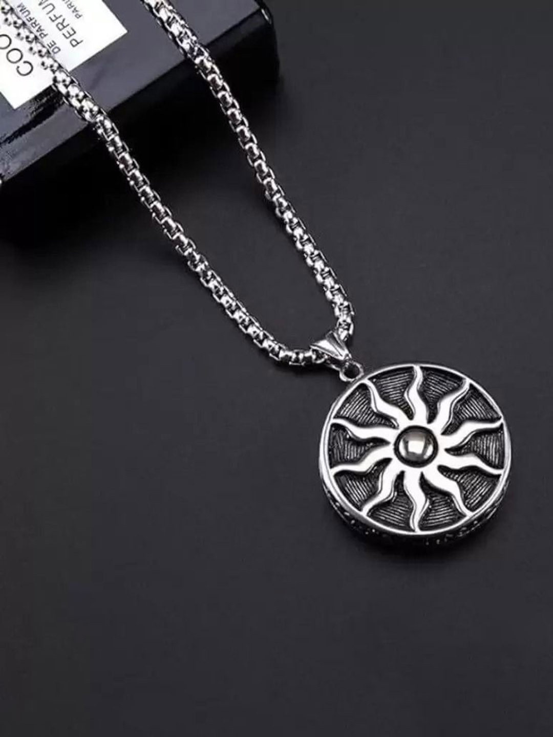 AGARWALPRODUCT Stainless Steel Silver-Plated Circular Shaped Sun God Pendant With Chain