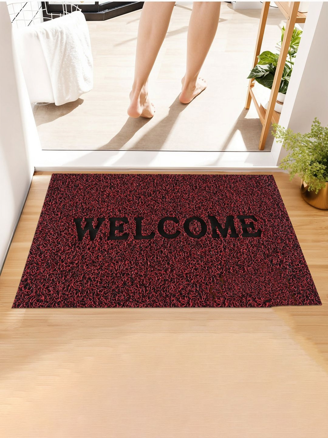 Myntra Elegant Homes Red Welcome-Printed Anti-Slip Grass-Cut Rectangular Doormat